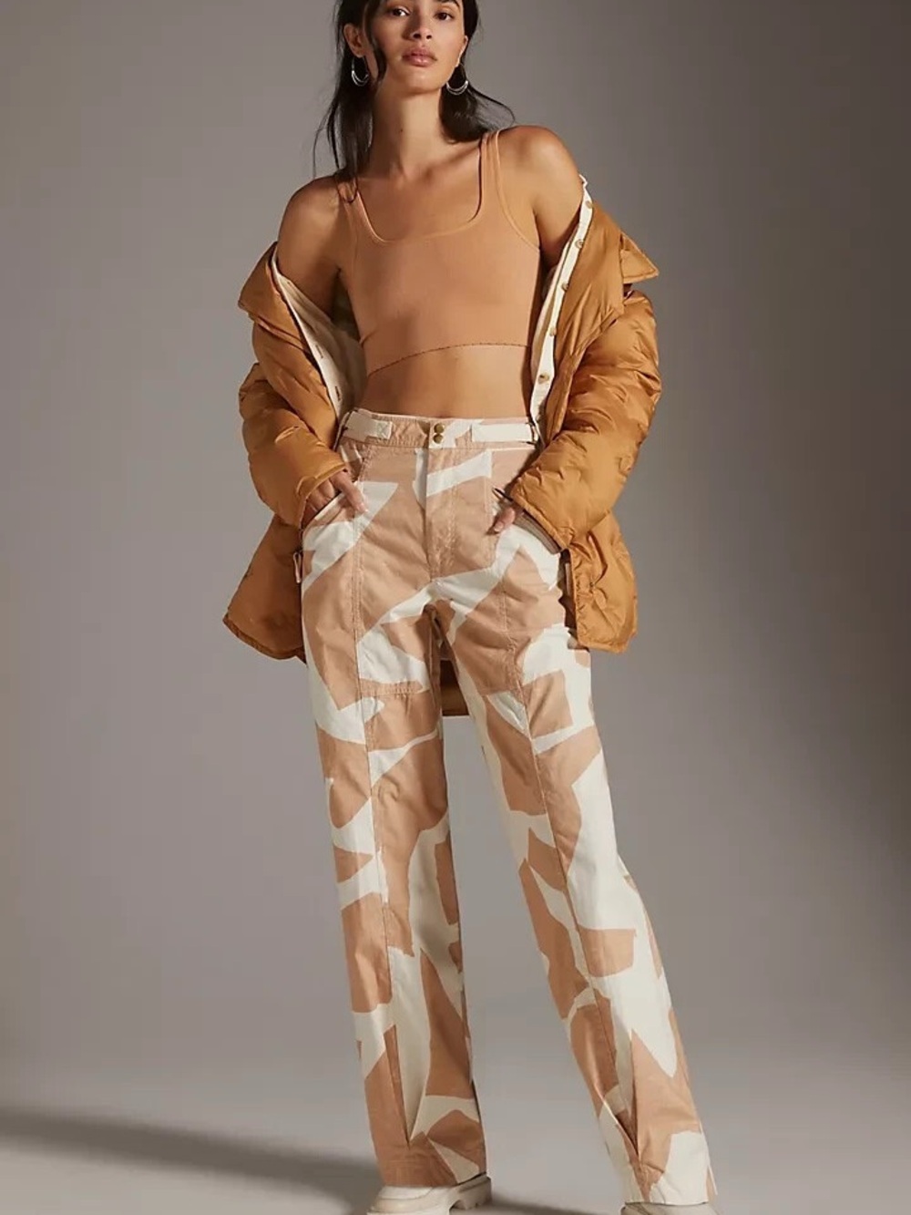 Anthropologie Tan & Cream Patterned Barrel Pants with Zip Pockets